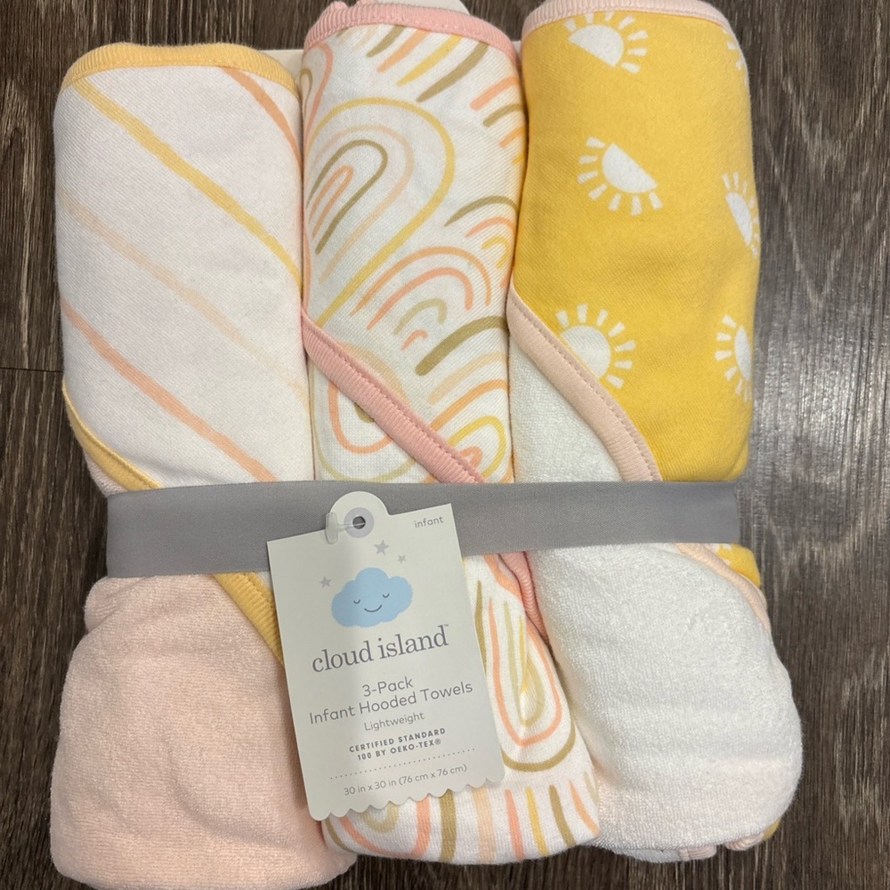 cloud island Infant Hooded Towels - Yellow, Pink, White Set